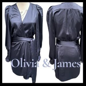 Olivia & James Navy Satin Long Sleeve Belted Wrap Mini Dress (S)